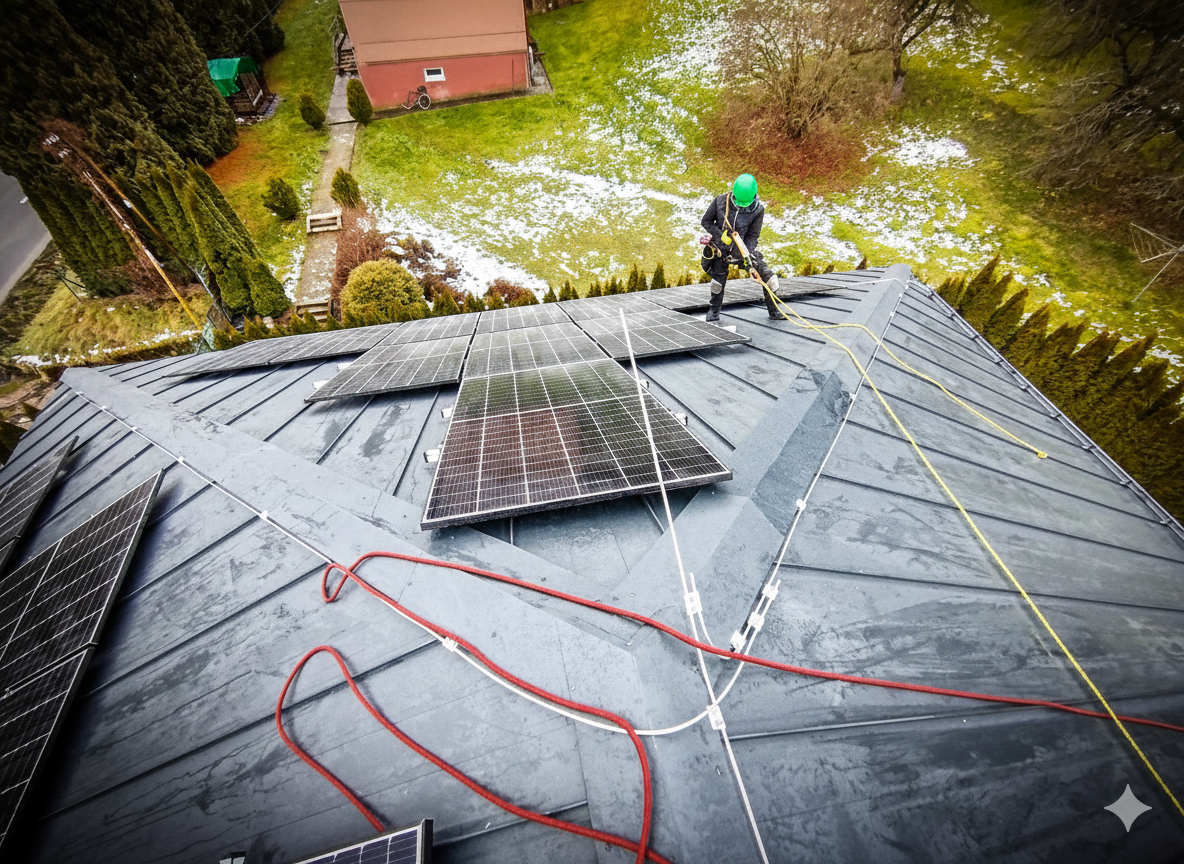 Výškové práce na střeše pomocí lanové techniky
